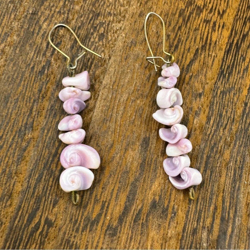 Vintage purple spiral shell stacked bead dangle earrings coastal Beachy boho
